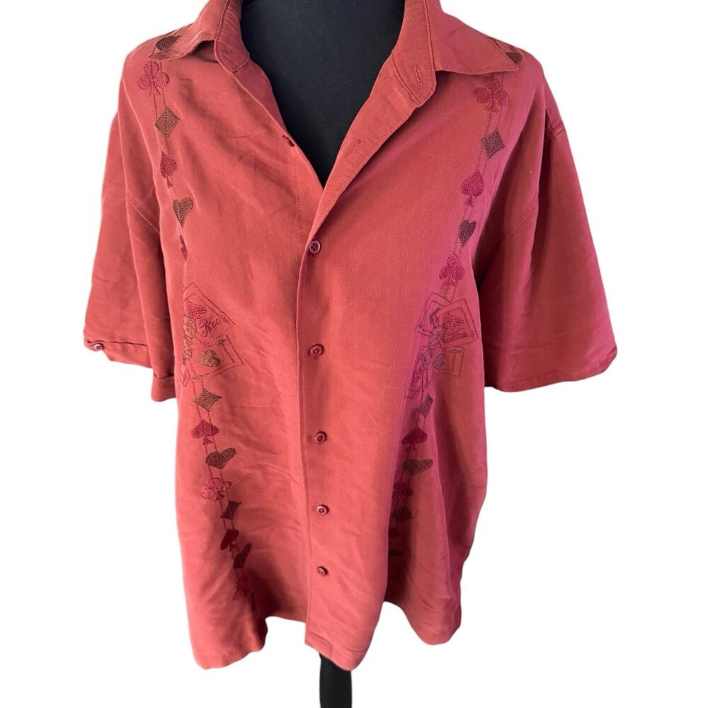 Centro Mens Shirt Large Red Orange Embroidered Cards Poker Hearts Diamonds Spade